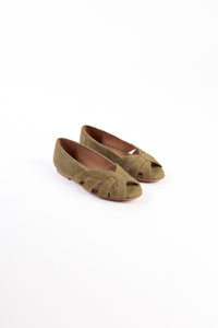 AMELIA DARK GREEN - Peep-Toe Ballet Flats with Crossover Straps KMB shoes