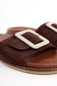 SOFI CHOCOLATE - Footbed Leather Slides with Buckle