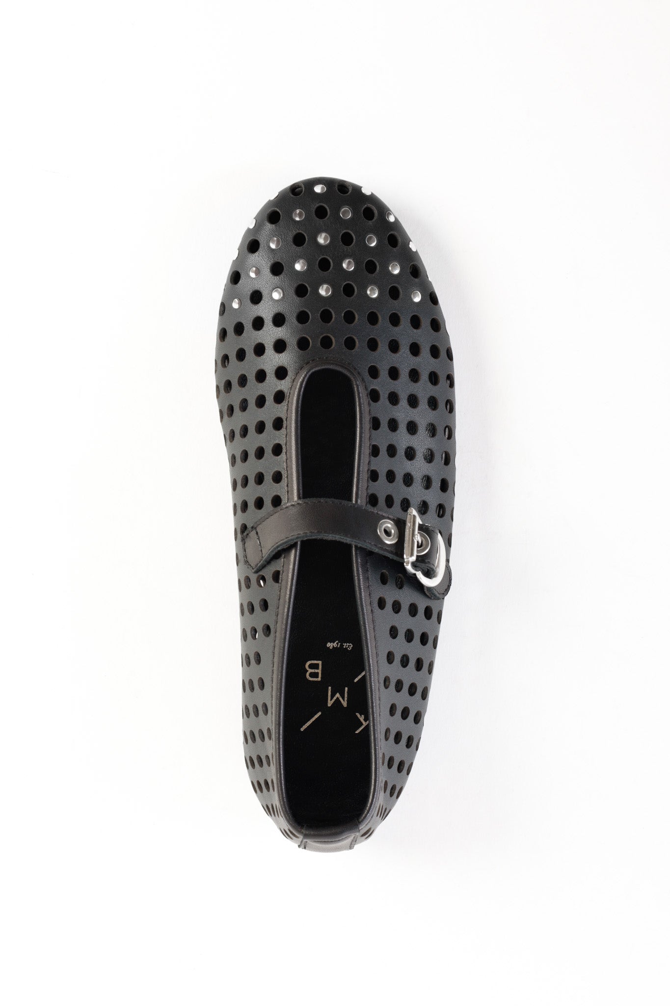 CARROLYN BLACK- Perforated Leather Ballet Flats with Studs and Buckle