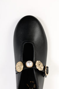 CLARICE BLACK - Leather Ballet Flats with Embellished Strap