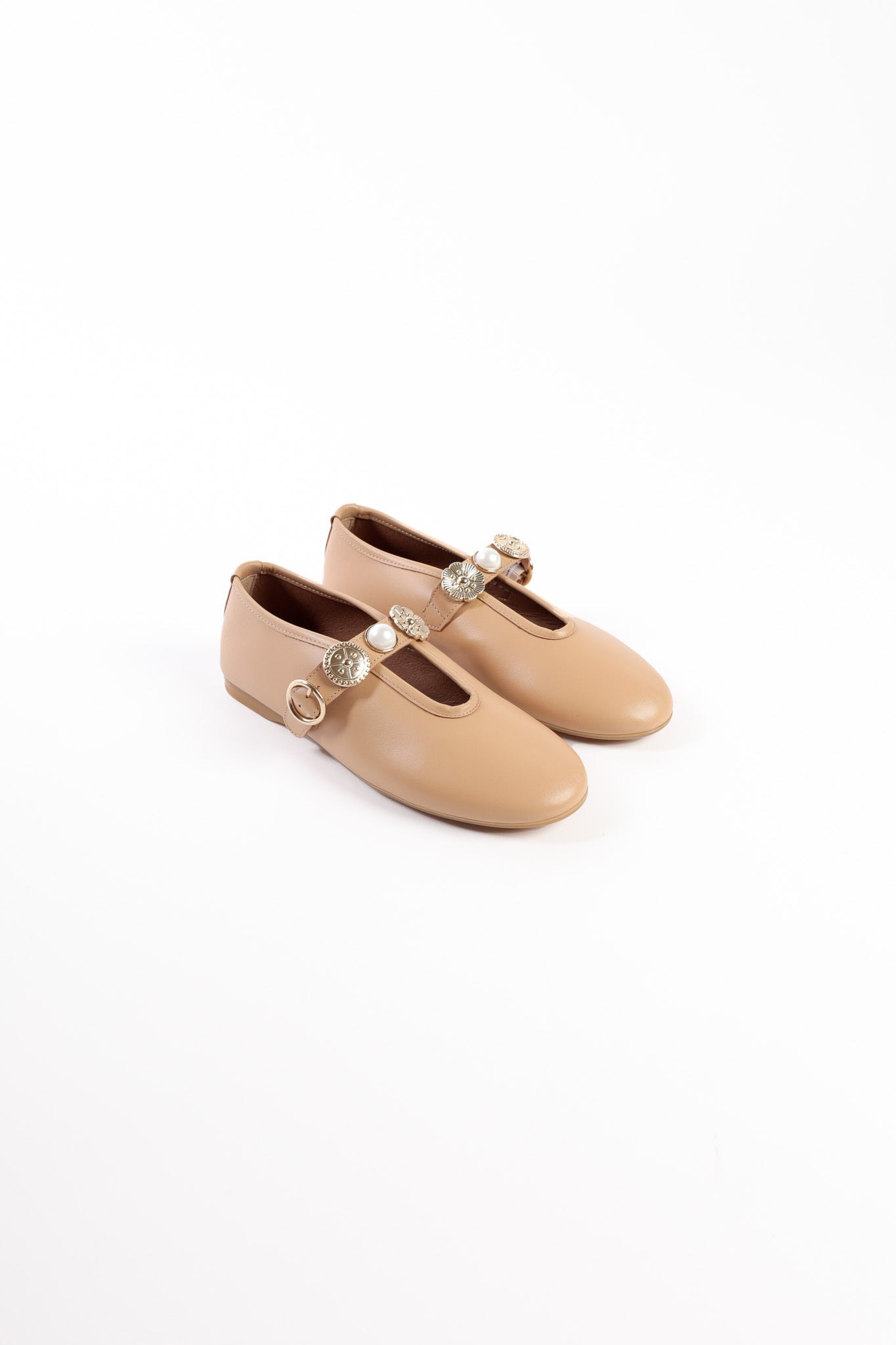 CLARICE CAMEL- Leather Ballet Flats with Embellished Strap KMB shoes